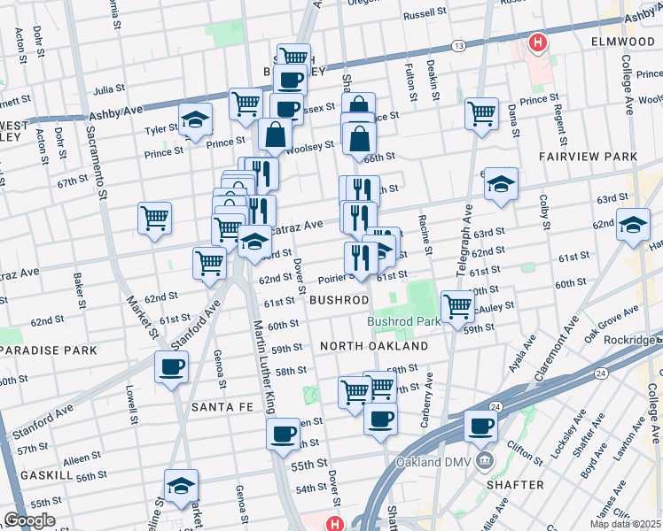 map of restaurants, bars, coffee shops, grocery stores, and more near 632 62nd Street in Oakland
