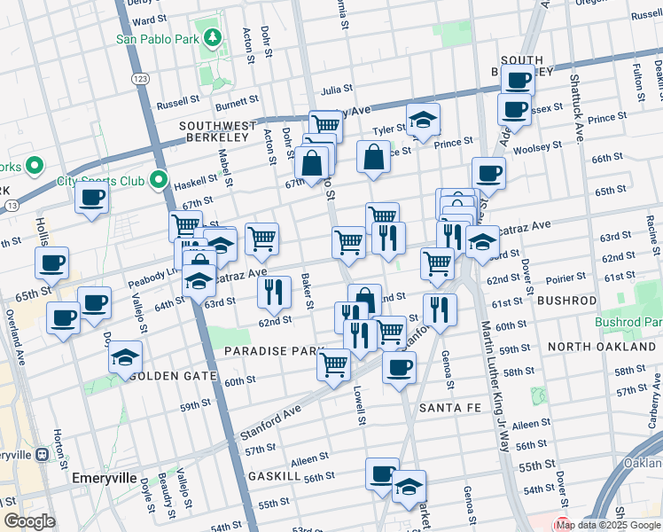 map of restaurants, bars, coffee shops, grocery stores, and more near 1421 Alcatraz Avenue in Berkeley