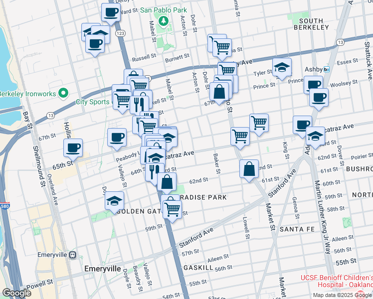 map of restaurants, bars, coffee shops, grocery stores, and more near 3244 Idaho Street in Berkeley
