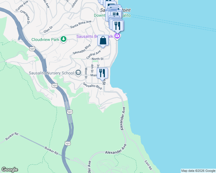 map of restaurants, bars, coffee shops, grocery stores, and more near 201 Valley Street in Sausalito