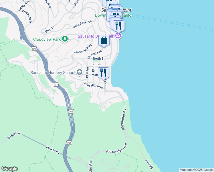 map of restaurants, bars, coffee shops, grocery stores, and more near 51 2nd Street in Sausalito