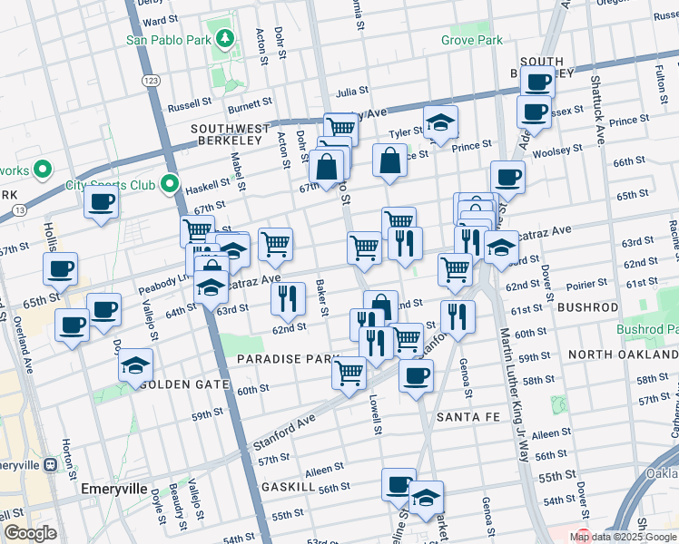 map of restaurants, bars, coffee shops, grocery stores, and more near 1421 Alcatraz Avenue in Berkeley