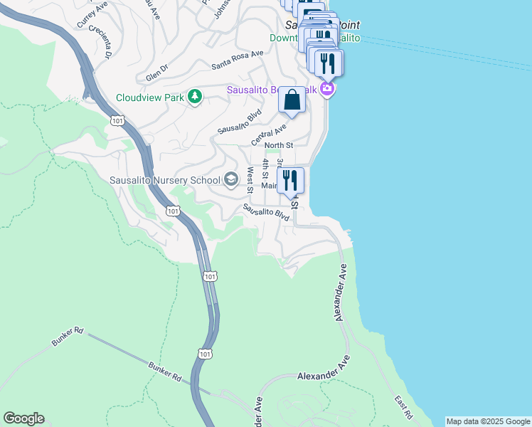 map of restaurants, bars, coffee shops, grocery stores, and more near 119 Sausalito Boulevard in Sausalito