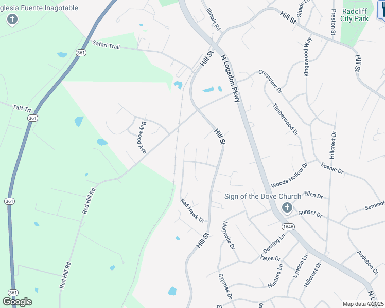 map of restaurants, bars, coffee shops, grocery stores, and more near 107 North Osprey Court in Vine Grove