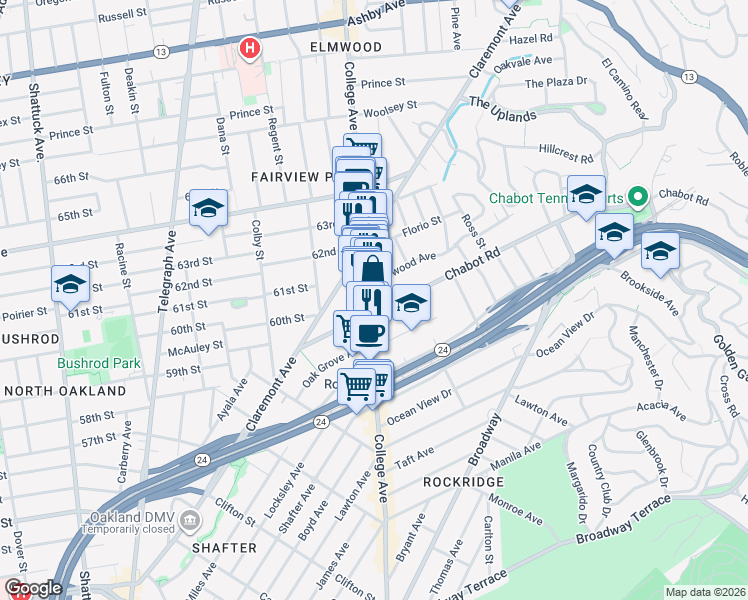 map of restaurants, bars, coffee shops, grocery stores, and more near 6015 Harwood Avenue in Oakland