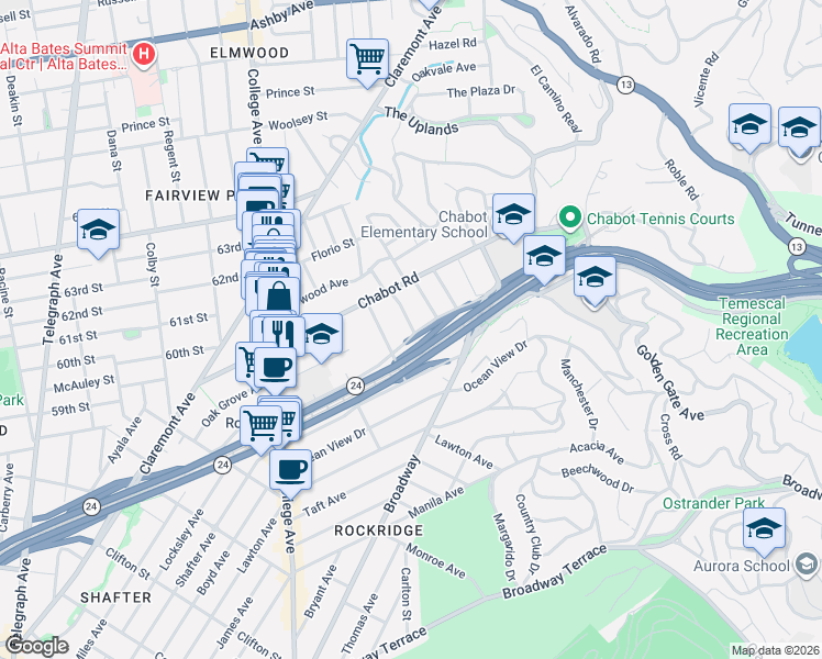 map of restaurants, bars, coffee shops, grocery stores, and more near 5748 Ivanhoe Road in Oakland