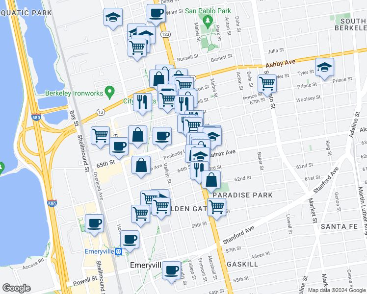 map of restaurants, bars, coffee shops, grocery stores, and more near 1123 65th Street in Oakland