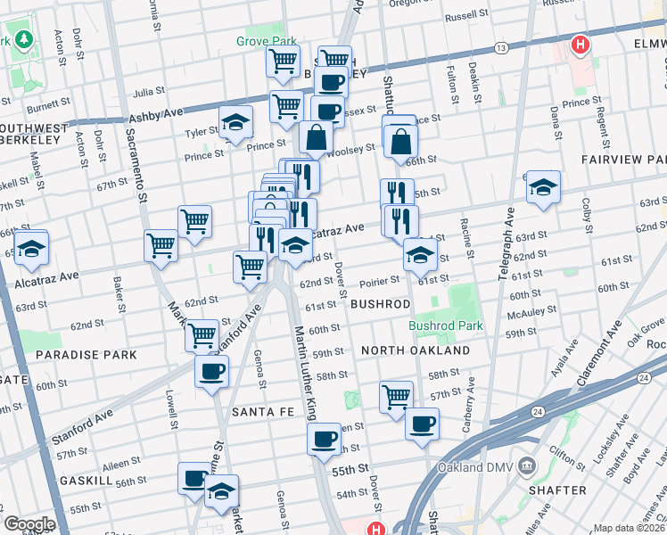 map of restaurants, bars, coffee shops, grocery stores, and more near 6215 Dover Street in Oakland