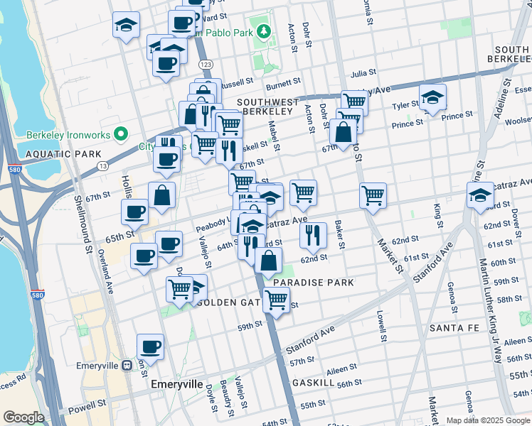 map of restaurants, bars, coffee shops, grocery stores, and more near 1091 65th Street in Oakland