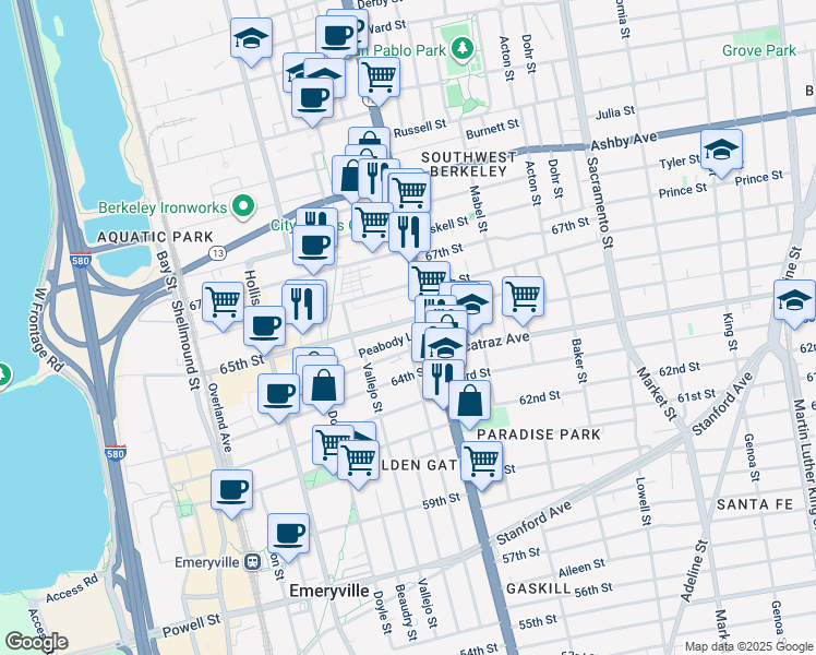 map of restaurants, bars, coffee shops, grocery stores, and more near 1123 65th Street in Oakland