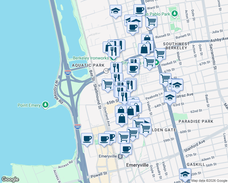 map of restaurants, bars, coffee shops, grocery stores, and more near 1451 66th Street in Emeryville
