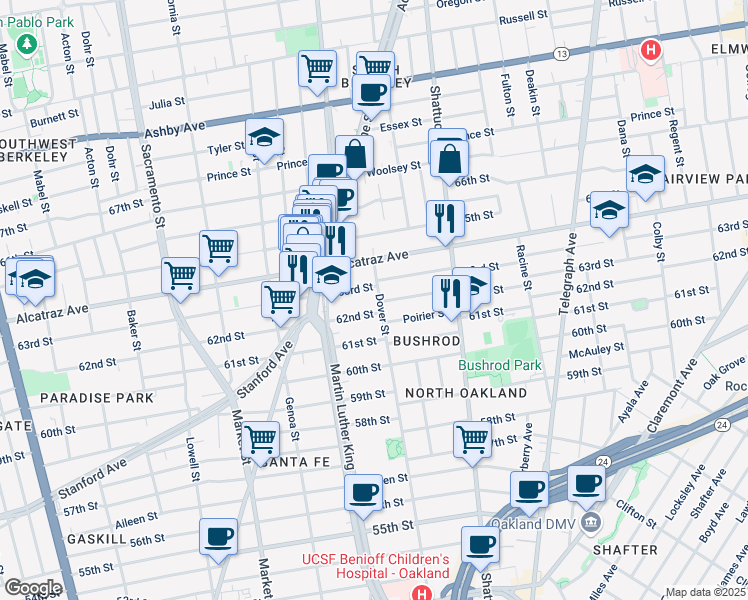 map of restaurants, bars, coffee shops, grocery stores, and more near 6215 Dover Street in Oakland