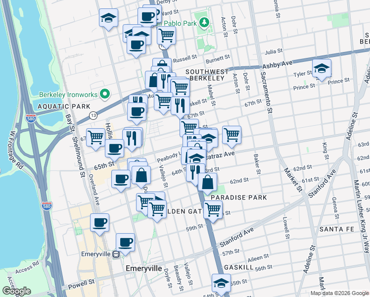 map of restaurants, bars, coffee shops, grocery stores, and more near 1122 65th Street in Oakland