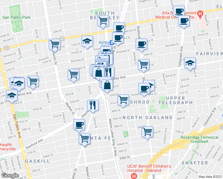 map of restaurants, bars, coffee shops, grocery stores, and more near in Berkeley