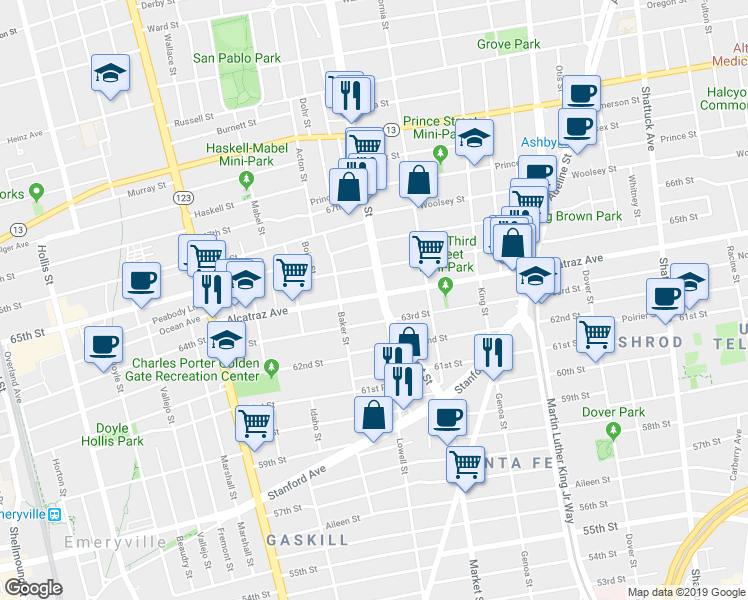 map of restaurants, bars, coffee shops, grocery stores, and more near 1421 Alcatraz Avenue in Berkeley