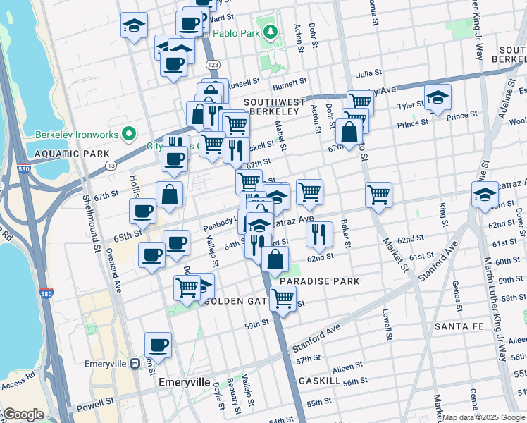map of restaurants, bars, coffee shops, grocery stores, and more near 1091 65th Street in Oakland