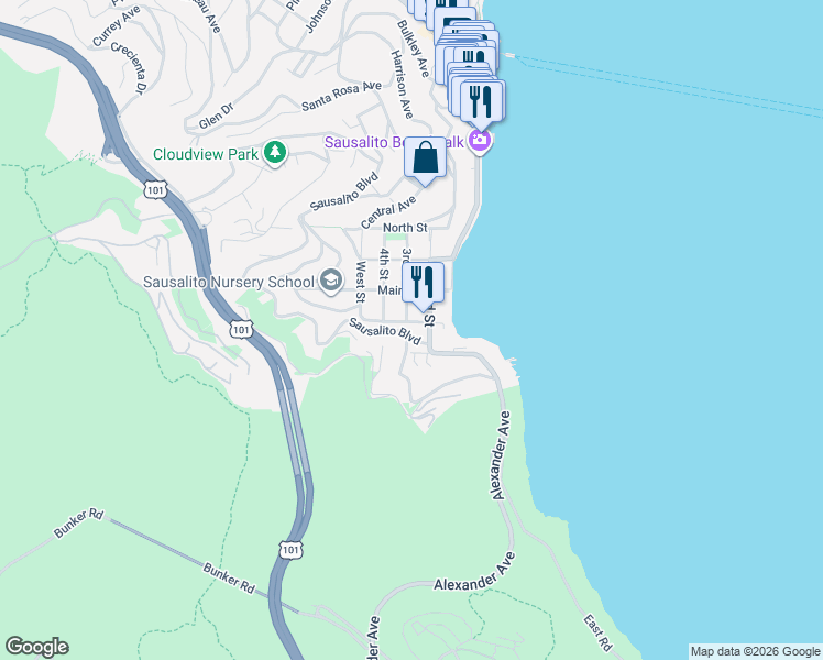 map of restaurants, bars, coffee shops, grocery stores, and more near 51 2nd Street in Sausalito