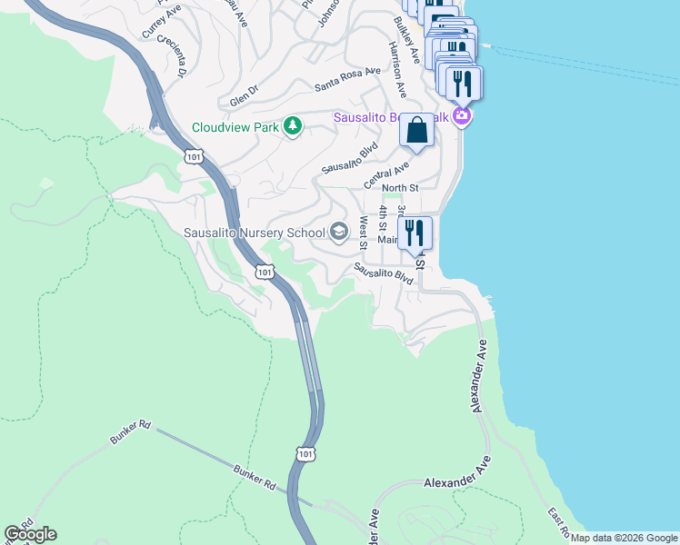 map of restaurants, bars, coffee shops, grocery stores, and more near 308 Sausalito Boulevard in Sausalito