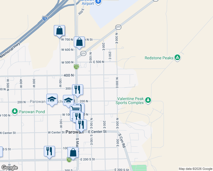 map of restaurants, bars, coffee shops, grocery stores, and more near 207 East 300 North in Parowan