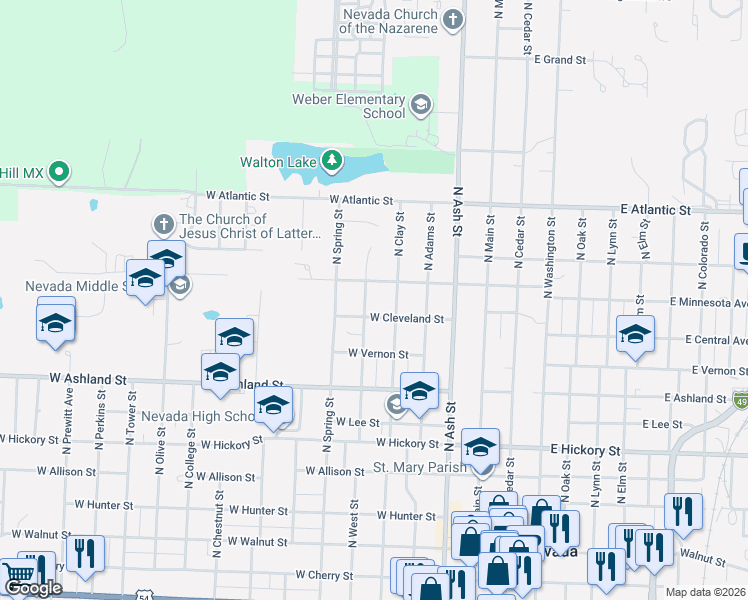 map of restaurants, bars, coffee shops, grocery stores, and more near 1013 North Clay Street in Nevada