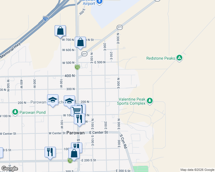 map of restaurants, bars, coffee shops, grocery stores, and more near 207 East 300 North in Parowan