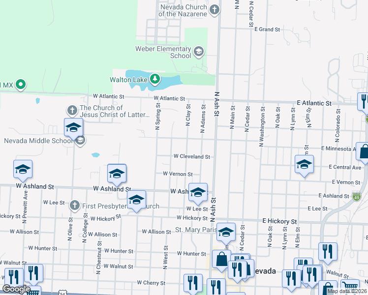 map of restaurants, bars, coffee shops, grocery stores, and more near 1013 North Clay Street in Nevada