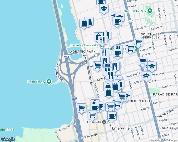 map of restaurants, bars, coffee shops, grocery stores, and more near 6600-6698 Shellmound St in Emeryville