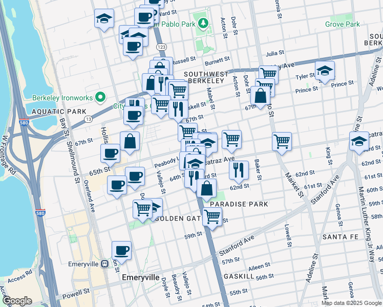 map of restaurants, bars, coffee shops, grocery stores, and more near 6428 San Pablo Avenue in Oakland