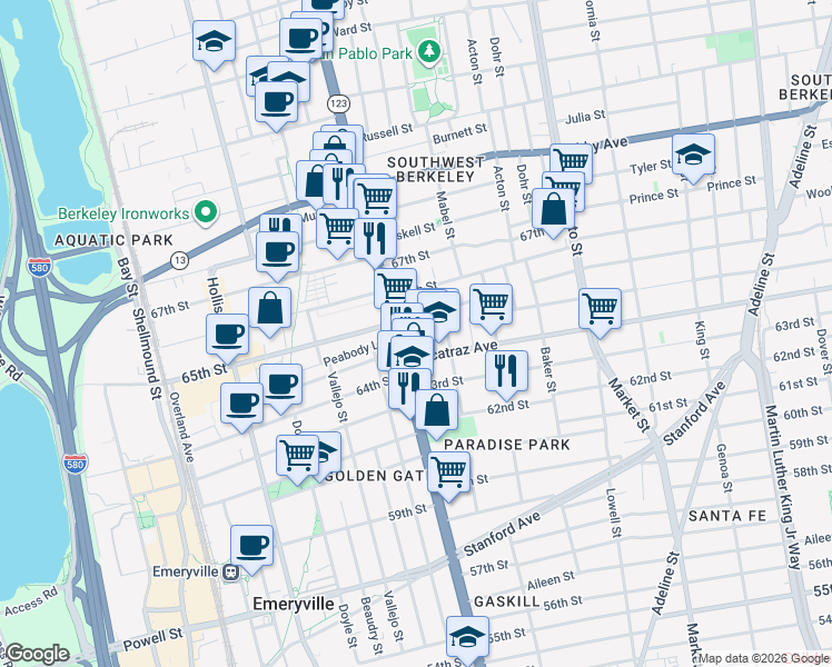 map of restaurants, bars, coffee shops, grocery stores, and more near 1091 65th Street in Oakland