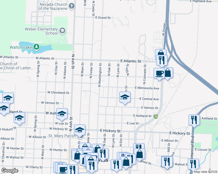 map of restaurants, bars, coffee shops, grocery stores, and more near 303 East Minnesota Avenue in Nevada