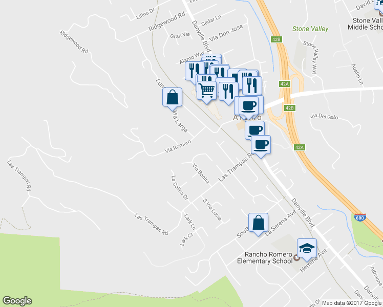 map of restaurants, bars, coffee shops, grocery stores, and more near 179 Via Bonita in Alamo