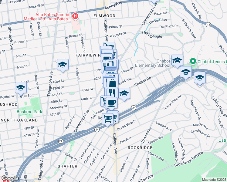 map of restaurants, bars, coffee shops, grocery stores, and more near 6015 Harwood Avenue in Oakland