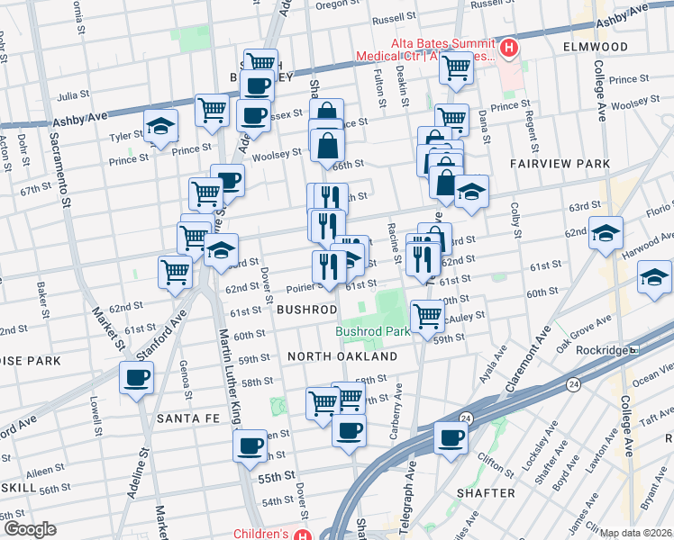 map of restaurants, bars, coffee shops, grocery stores, and more near 6320 Shattuck Avenue in Oakland