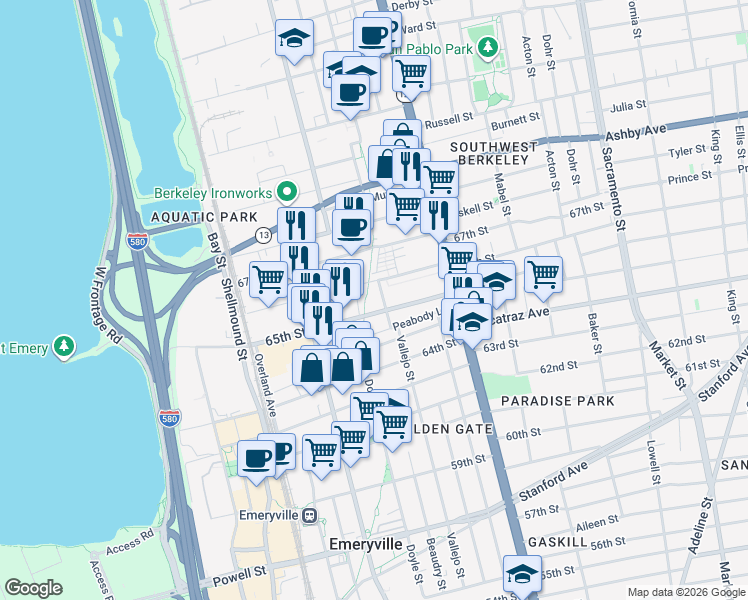 map of restaurants, bars, coffee shops, grocery stores, and more near 1200 65th Street in Emeryville