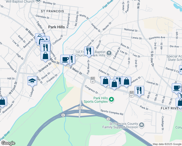 map of restaurants, bars, coffee shops, grocery stores, and more near 103 Flat River Drive in Park Hills