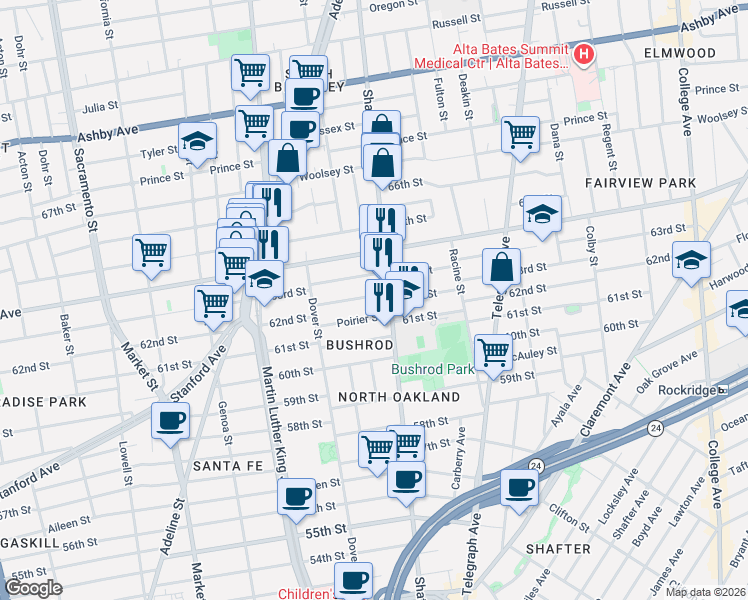 map of restaurants, bars, coffee shops, grocery stores, and more near 632 62nd Street in Oakland