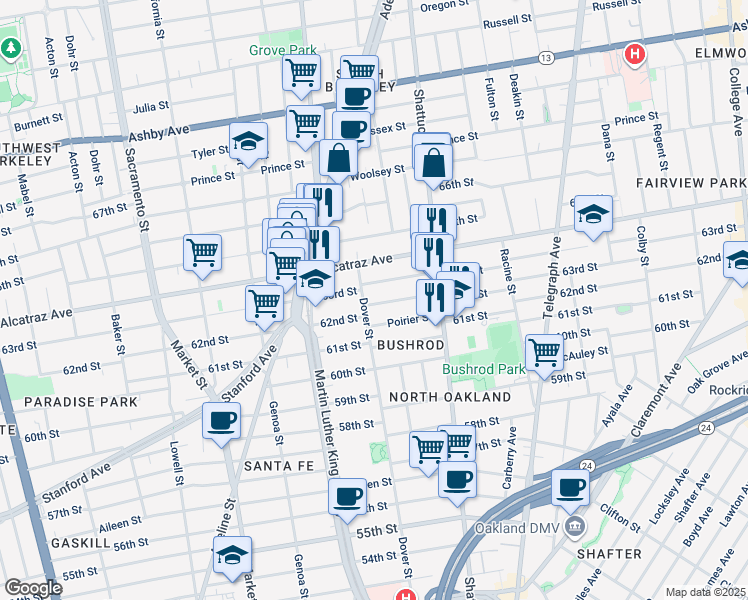 map of restaurants, bars, coffee shops, grocery stores, and more near 670 62nd Street in Oakland