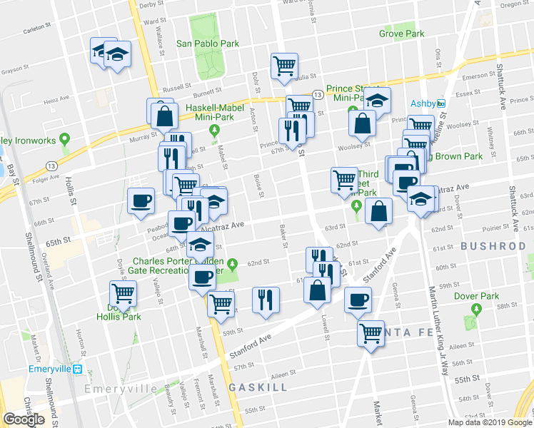 map of restaurants, bars, coffee shops, grocery stores, and more near 1335 Alcatraz Avenue in Berkeley