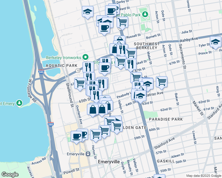map of restaurants, bars, coffee shops, grocery stores, and more near 1200 65th Street in Emeryville