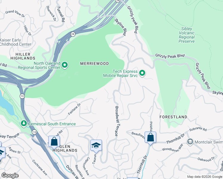 map of restaurants, bars, coffee shops, grocery stores, and more near 16040 Broadway Terrace in Oakland