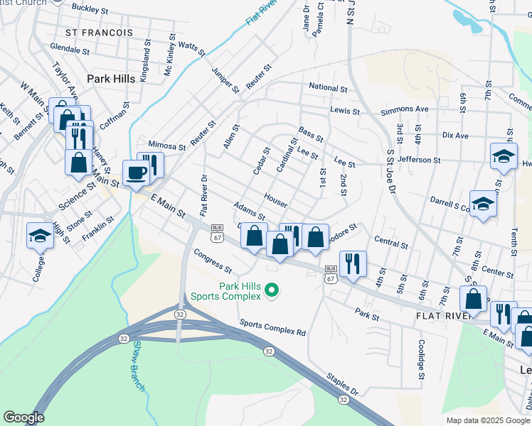 map of restaurants, bars, coffee shops, grocery stores, and more near 405 Houser in Park Hills