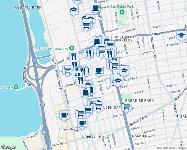 map of restaurants, bars, coffee shops, grocery stores, and more near 1200 65th Street in Emeryville