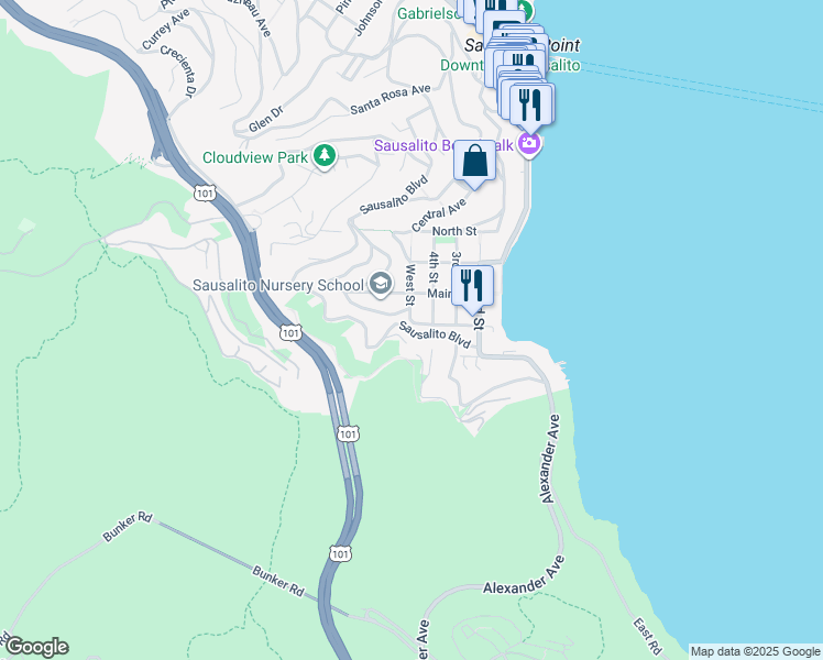 map of restaurants, bars, coffee shops, grocery stores, and more near 299 Sausalito Boulevard in Sausalito
