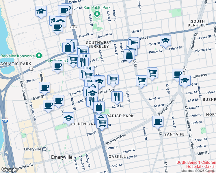 map of restaurants, bars, coffee shops, grocery stores, and more near 6438 Herzog Street in Oakland