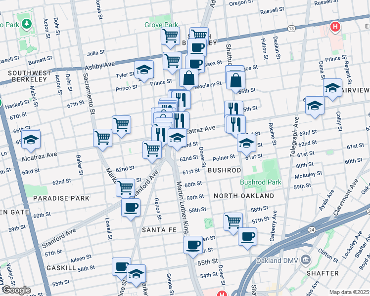 map of restaurants, bars, coffee shops, grocery stores, and more near 1818 63rd Street in Berkeley