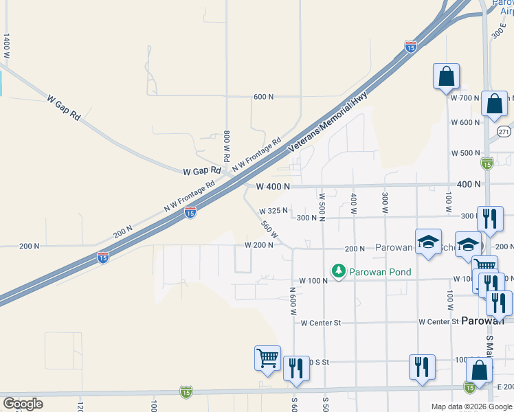 map of restaurants, bars, coffee shops, grocery stores, and more near 325 South Street in Parowan