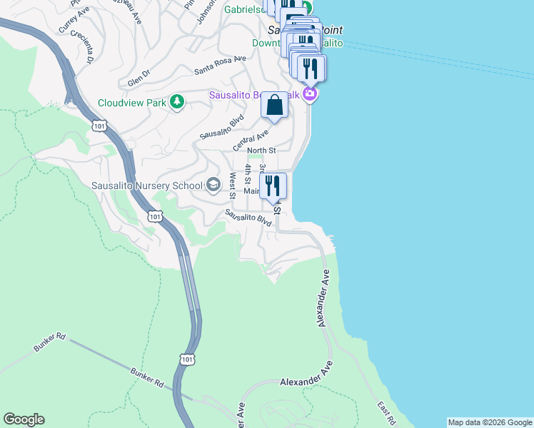 map of restaurants, bars, coffee shops, grocery stores, and more near 51 2nd Street in Sausalito
