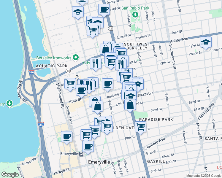 map of restaurants, bars, coffee shops, grocery stores, and more near 1148 65th Street in Oakland