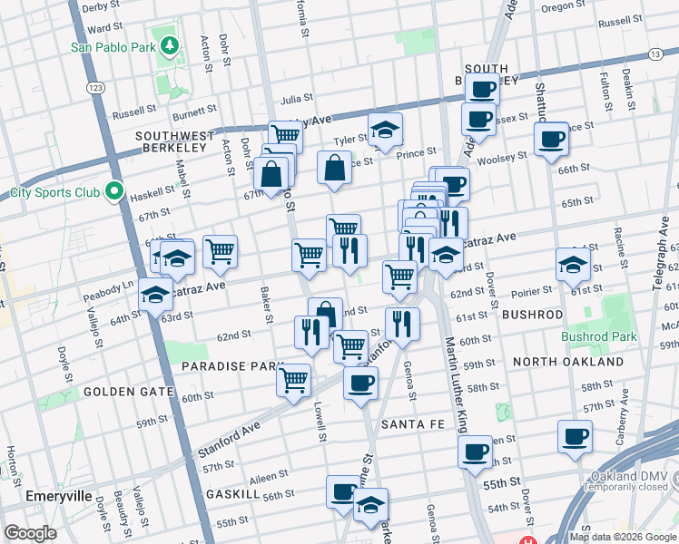 map of restaurants, bars, coffee shops, grocery stores, and more near 1600 Alcatraz Avenue in Berkeley