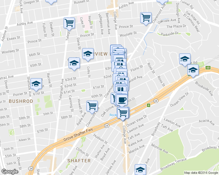 map of restaurants, bars, coffee shops, grocery stores, and more near 355 61st Street in Oakland